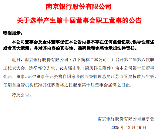 新手炒股配资平台 南京银行：选举郭俊、衣志强为第十届董事会职工董事
